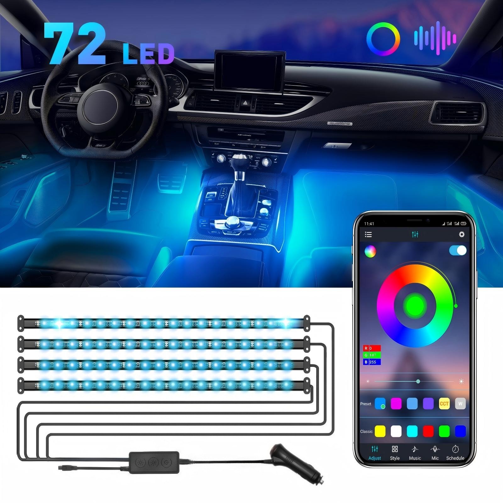 4-Piece 72 LED Car Footwell Atmosphere Light Strips With Music Sync Sound Activation & App Remote Control - Image 5