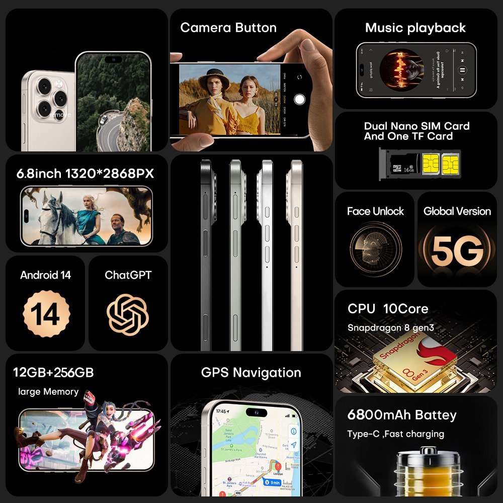 16 Pro Max Unlocked Phone 12GB 256GB Smartphone Android 14 Phone,6800mAh Battery 5G Dual SIM Dual Standby - Image 2