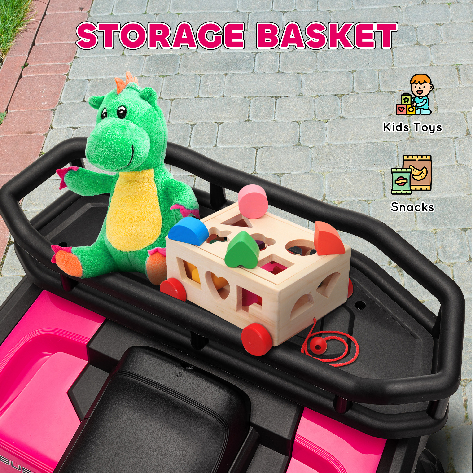 12V Kids Electric Ride On ATV, Battery-Powered Quad Bike W/ Spring Suspension, Forward Backward, Storage Basket, Pink - Image 5