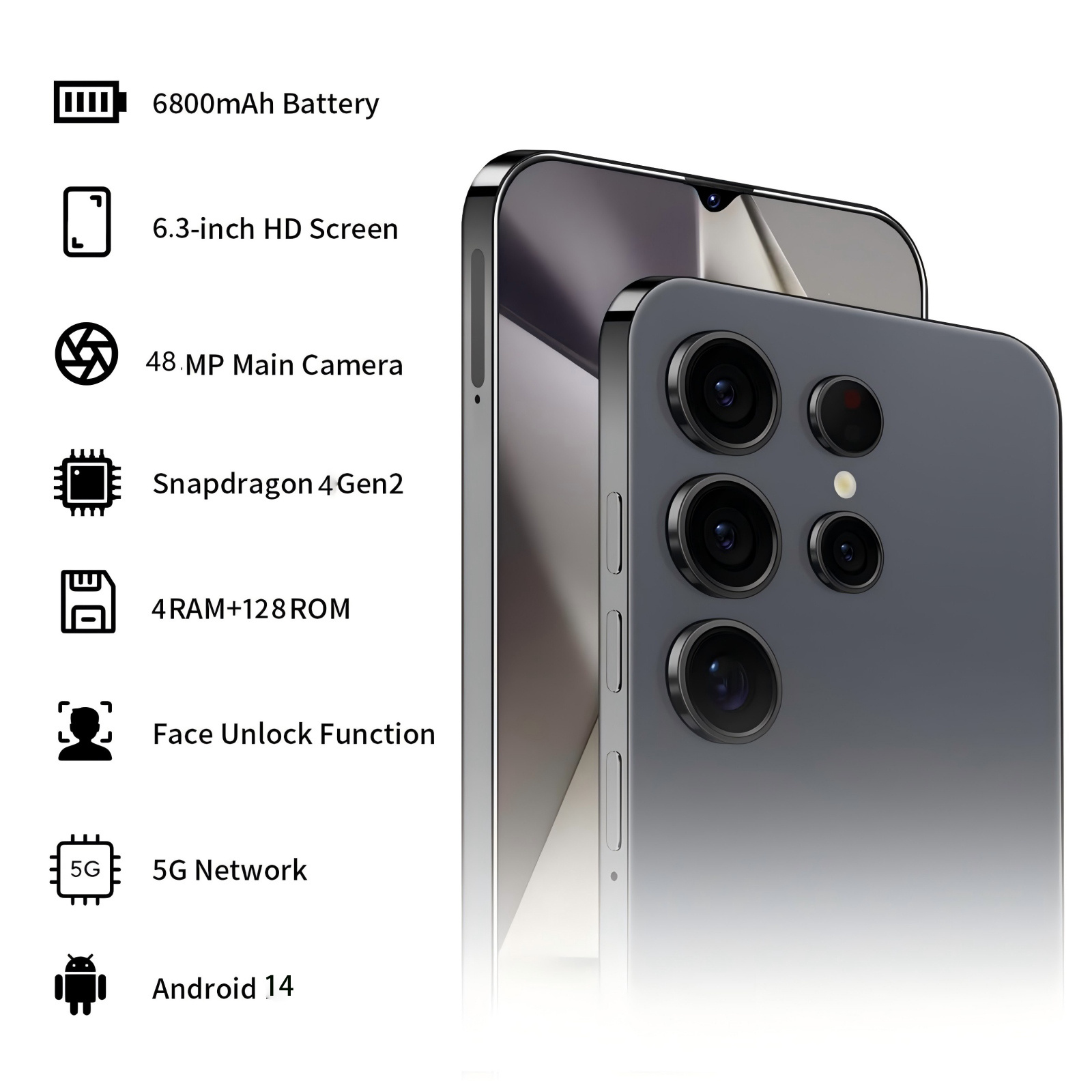 C25 Unlocked Phone, 128GB Smartphone 5G Android 14.0 Cell Phones 6.3HD 6800mAh Dual SIM Dual Standby - Image 2