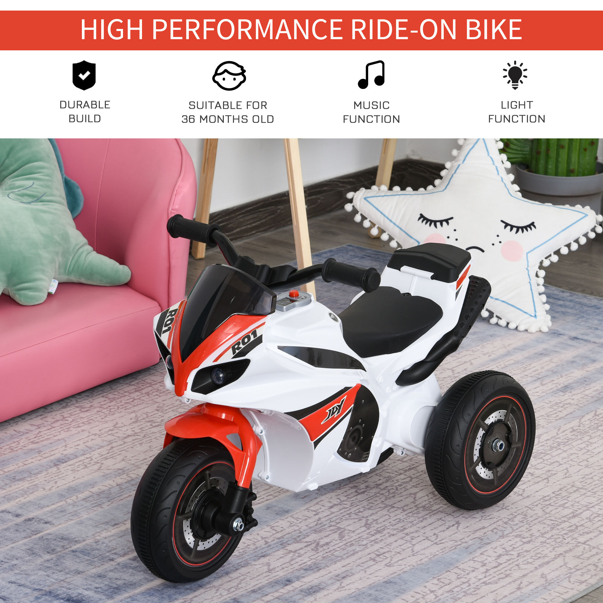 Kids Ride-On Police Bike 3-Wheel Vehicle W/ Music Lights Safe Seat Handlebars Toddler NO POWER Child Learning Fun Development 18-36 Months White - Image 2