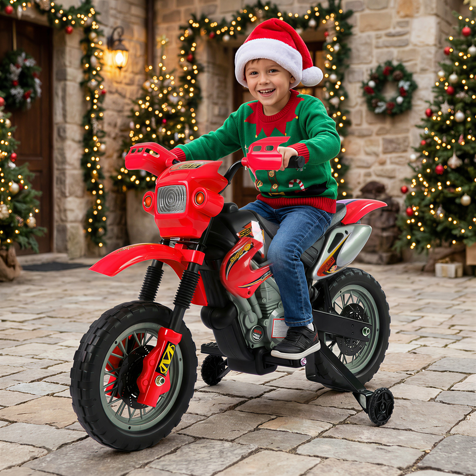 6V Kids Motorcycle, Electric Motorcycle with Dirt Bike Style, Street Bike Design Battery Powered Ride On Toy with Training Wheels, Headlight, Music, Ages 5-8, Red