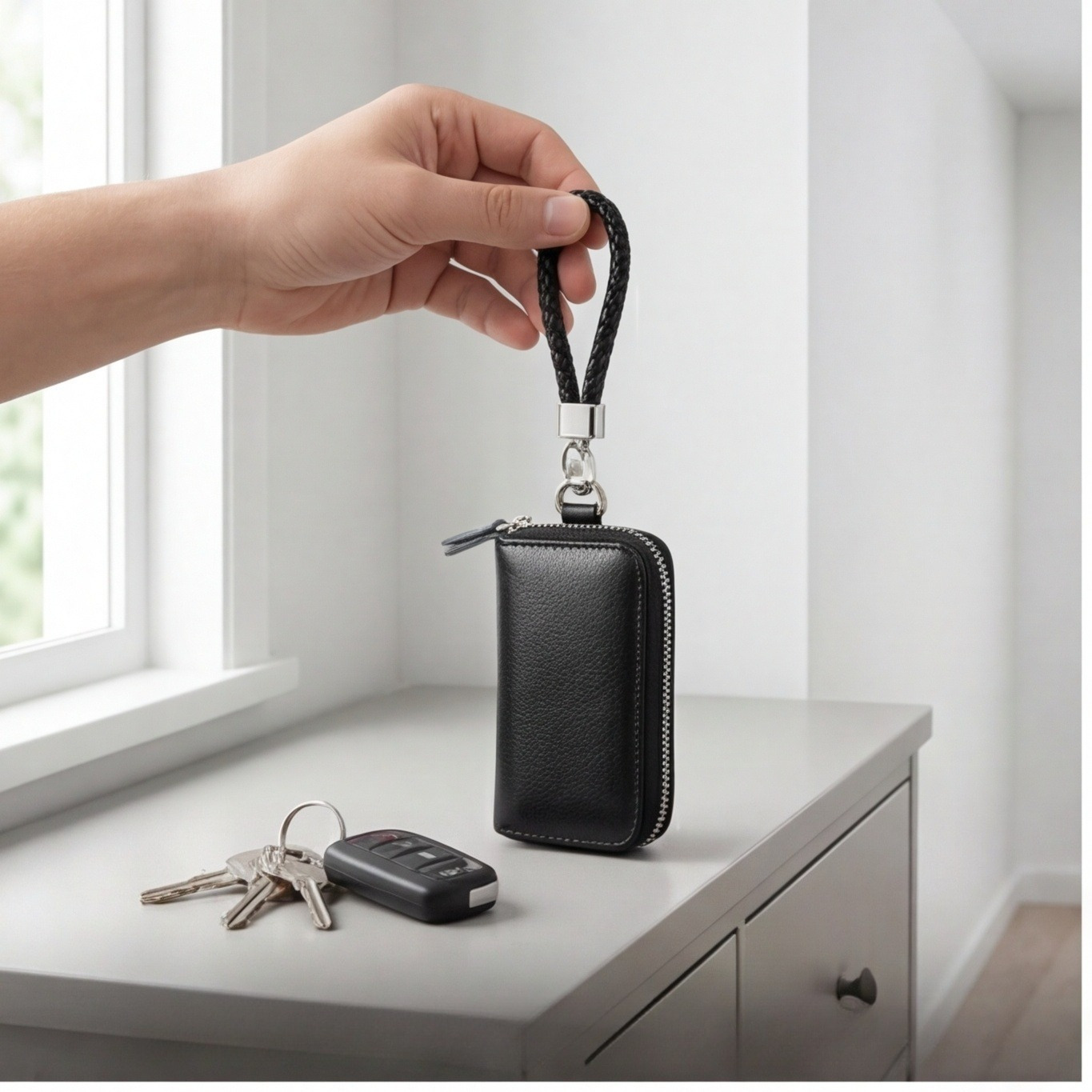 Black Car Key Pouch With Black Lanyard, 2-Piece Set For Protecting & Carrying Car Keys, Soft Leather-Look Key Pouch