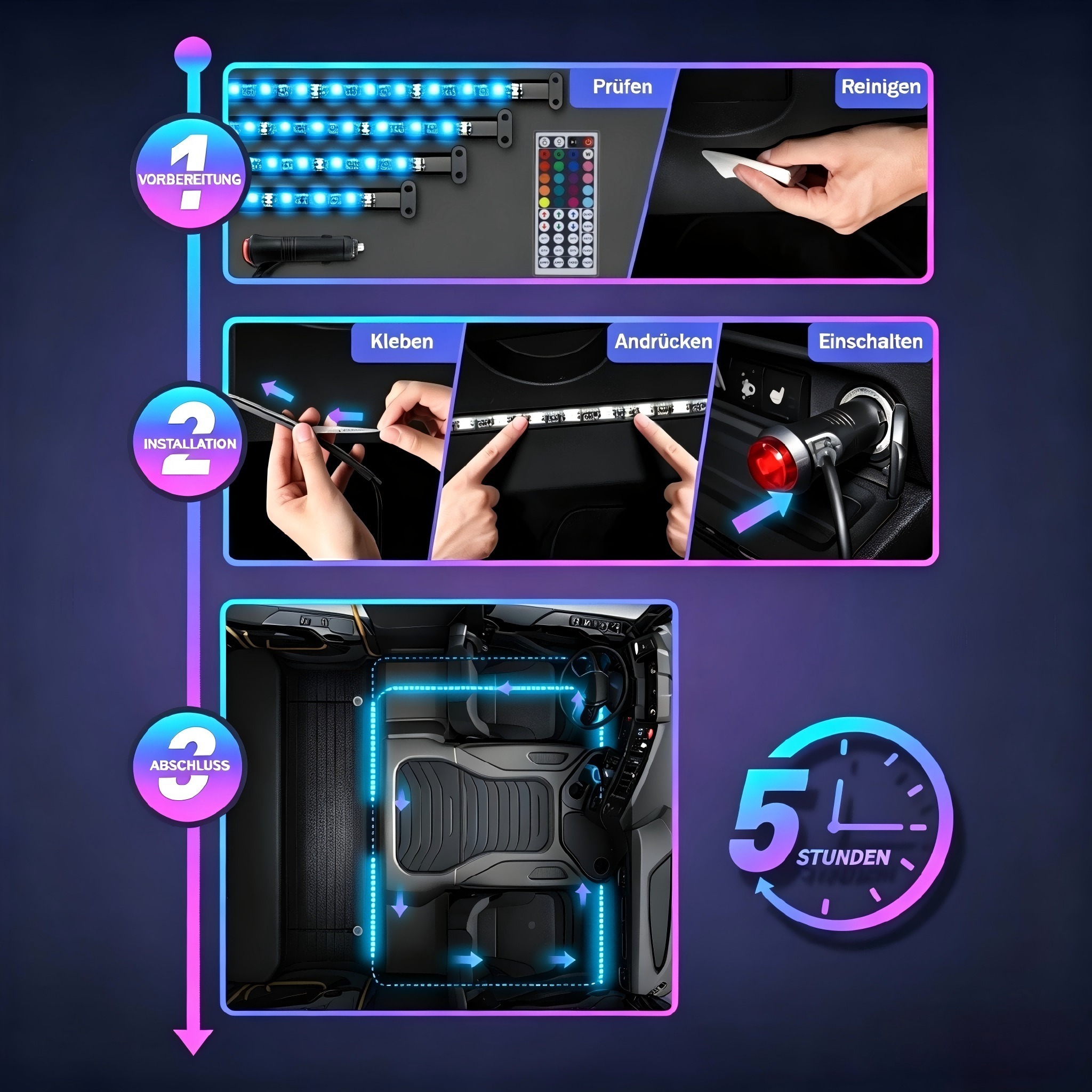 4-Piece 72 LED Car Footwell Atmosphere Light Strips With Music Sync Sound Activation & App Remote Control - Image 8