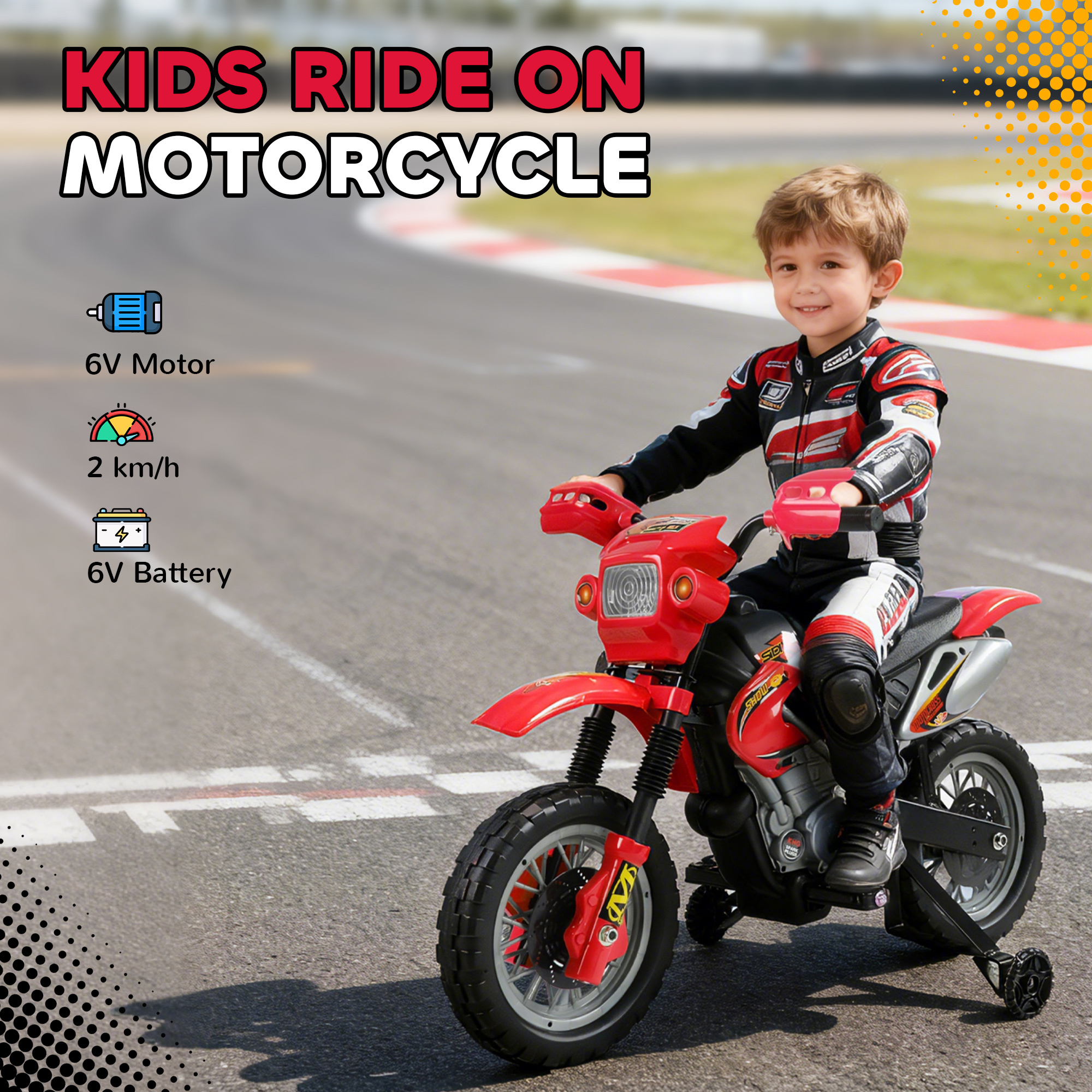 6V Kids Motorcycle, Electric Motorcycle with Dirt Bike Style, Street Bike Design Battery Powered Ride On Toy with Training Wheels, Headlight, Music, Ages 5-8, Red - Image 2