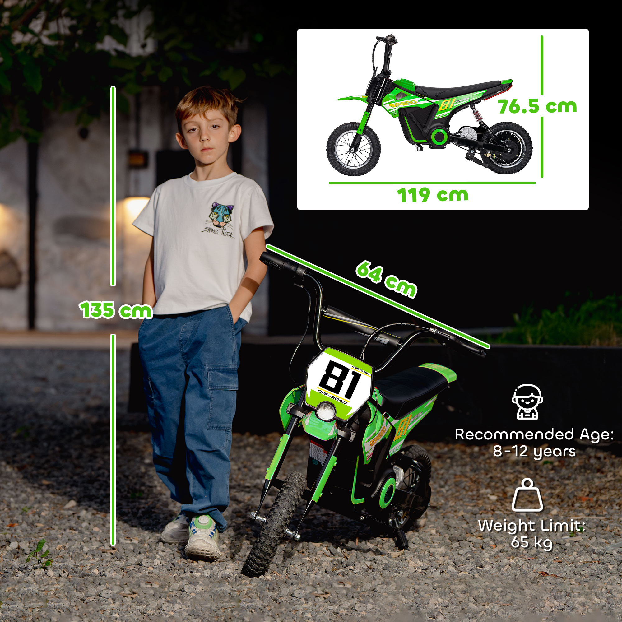 Kids Electric Motorbike, 24V Ride On Motorcycle With 3 Speeds And Rear Suspension, Dirt Bike For 8-12 Years Old, Green - Image 5