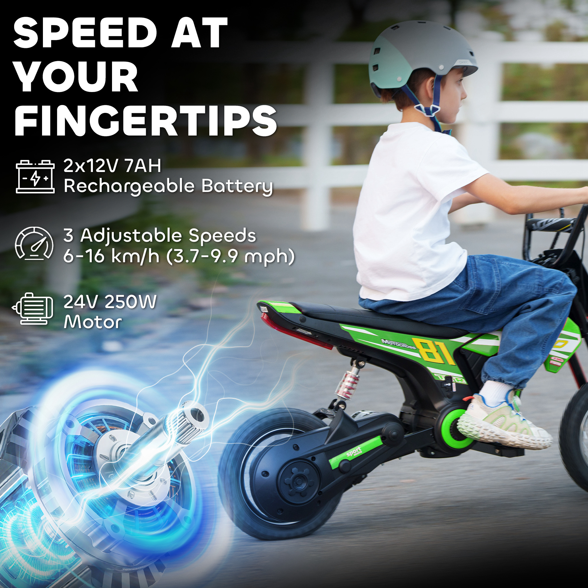 Kids Electric Motorbike, 24V Ride On Motorcycle With 3 Speeds And Rear Suspension, Dirt Bike For 8-12 Years Old, Green - Image 3