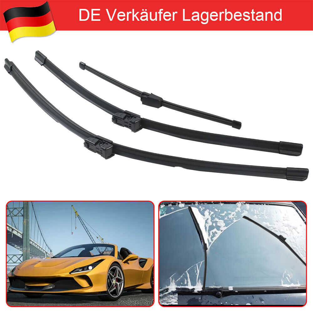 3er Set Scheibenwischer Vorne & Hinten Flachbalkenwischer 60cm 52,5cm 33cm Druckknopf