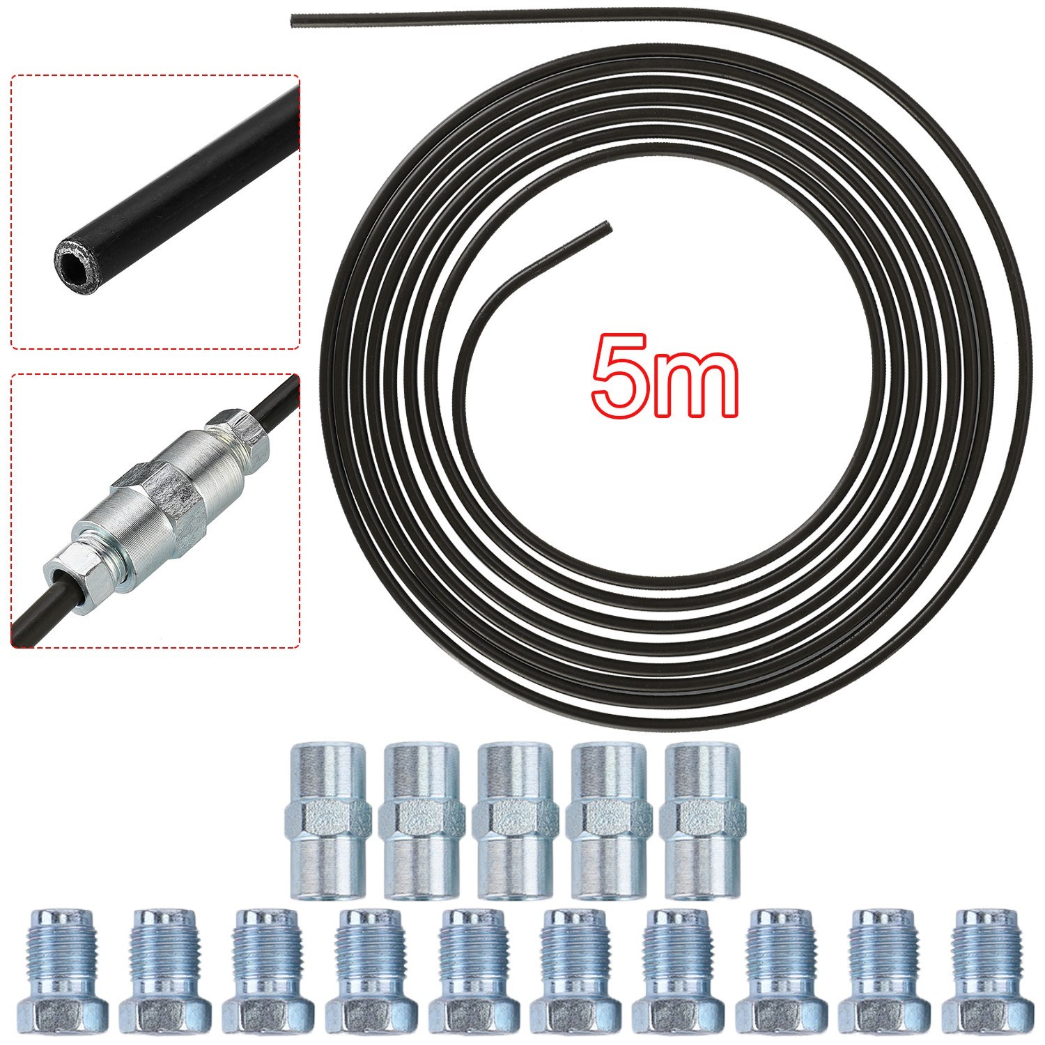 Universal 5m Steel Brake Line Repair Kit 4.75mm PVF Coated Hose With M10 Fittings