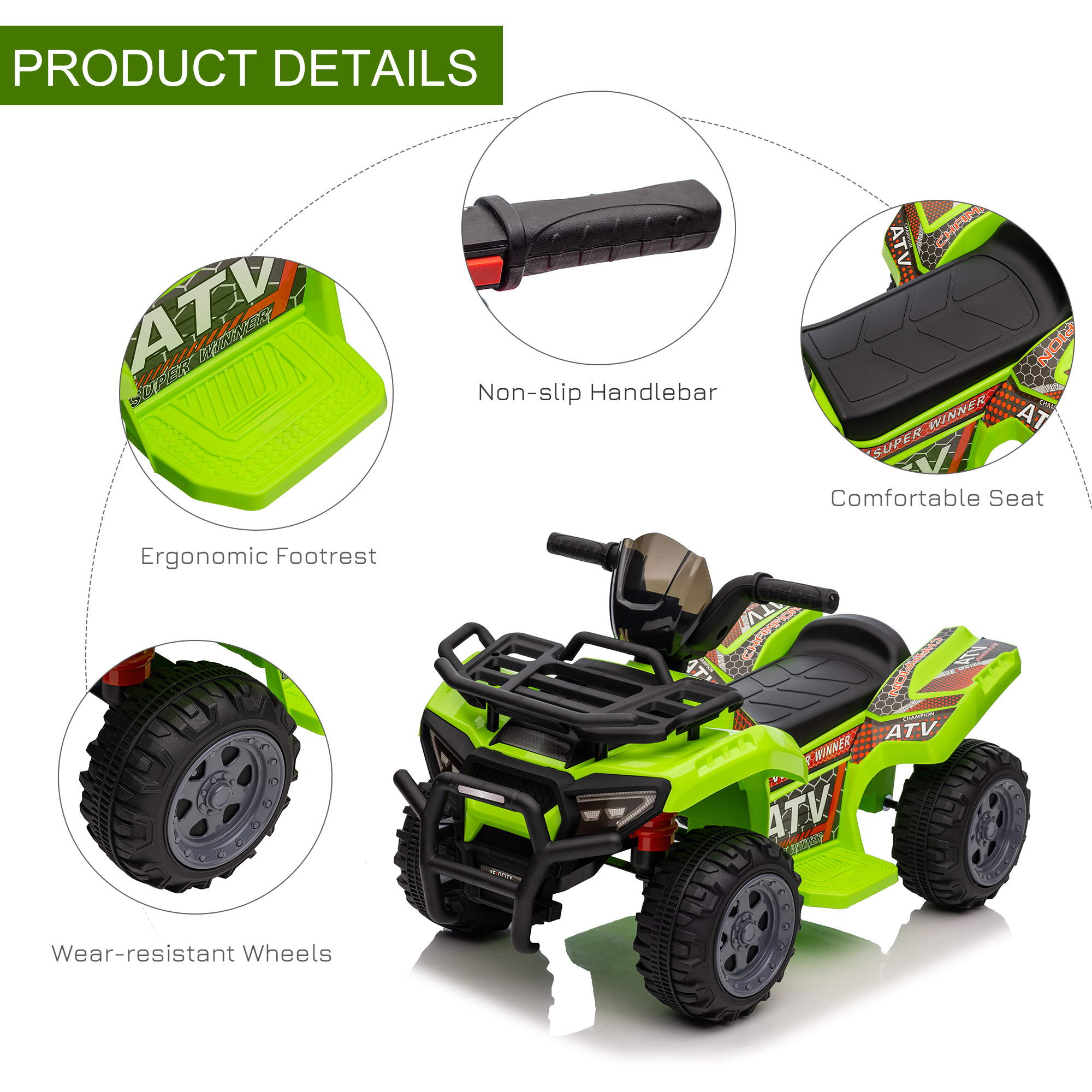 6V Kids Electric Ride On Car Toddlers Quad Bike All Terrain Vehicle Toy With Music For 18-36 Months Green - Image 4