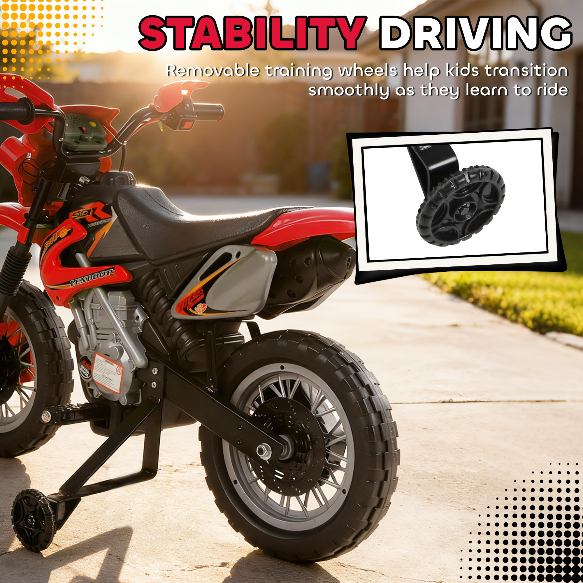 6V Kids Motorcycle, Electric Motorcycle with Dirt Bike Style, Street Bike Design Battery Powered Ride On Toy with Training Wheels, Headlight, Music, Ages 5-8, Red - Image 4