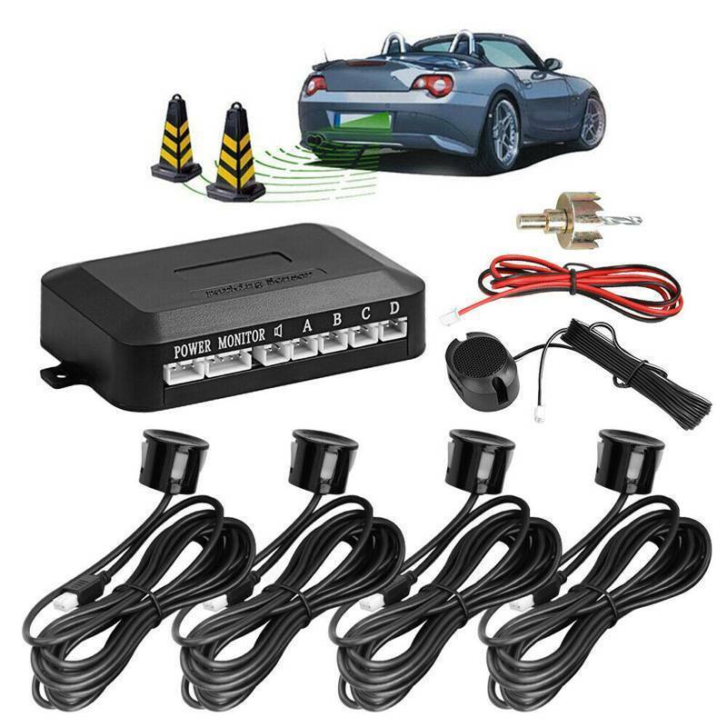 4-Sensor Parking Assist 12V PDC Reverse Parking Sensor Set With Audible Alarm & Drill, Black