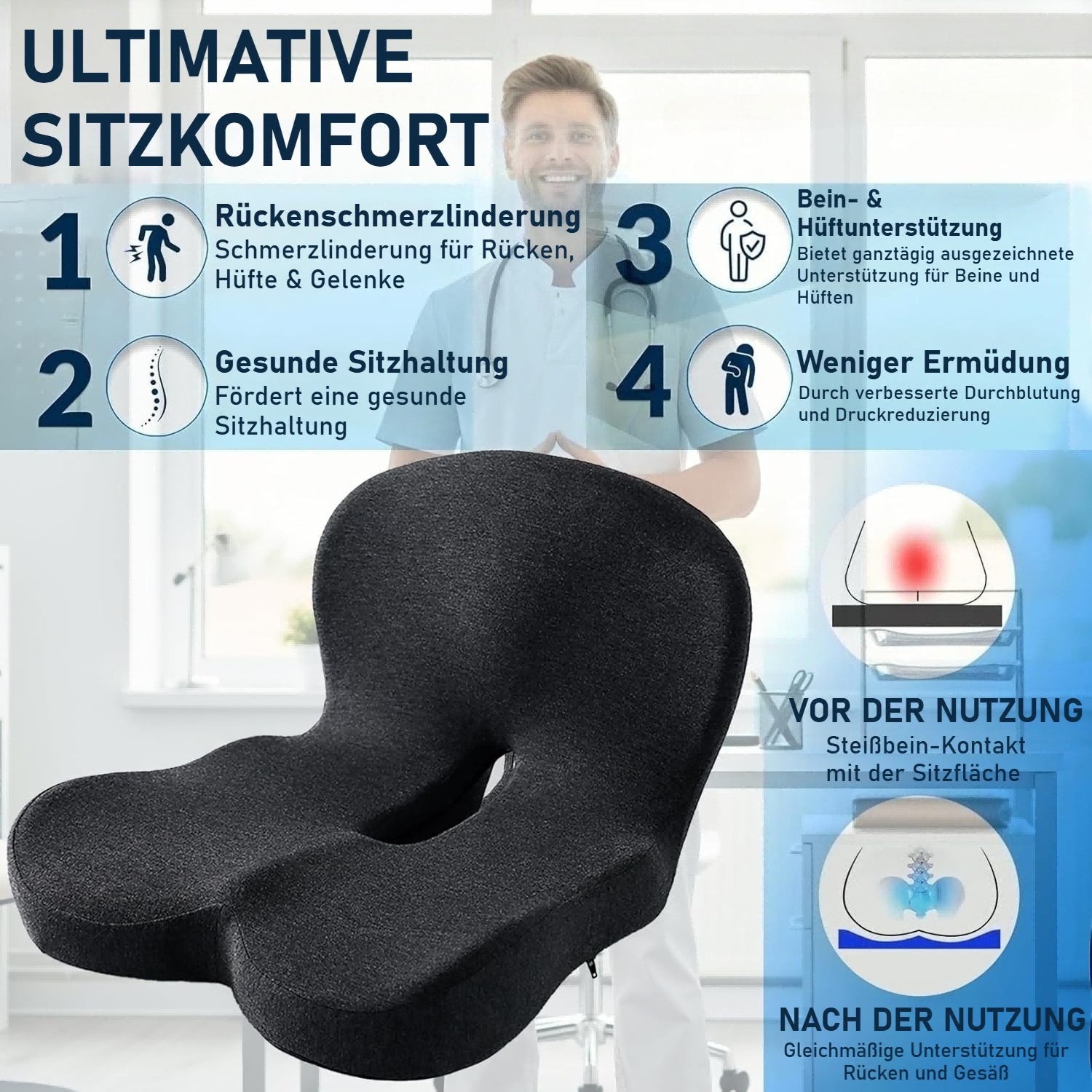 Orthopedic Seat Cushion, Car Seat Cushion, Height-Adjustable Cushion Made Of Memory Foam, Universal Fit - Image 9