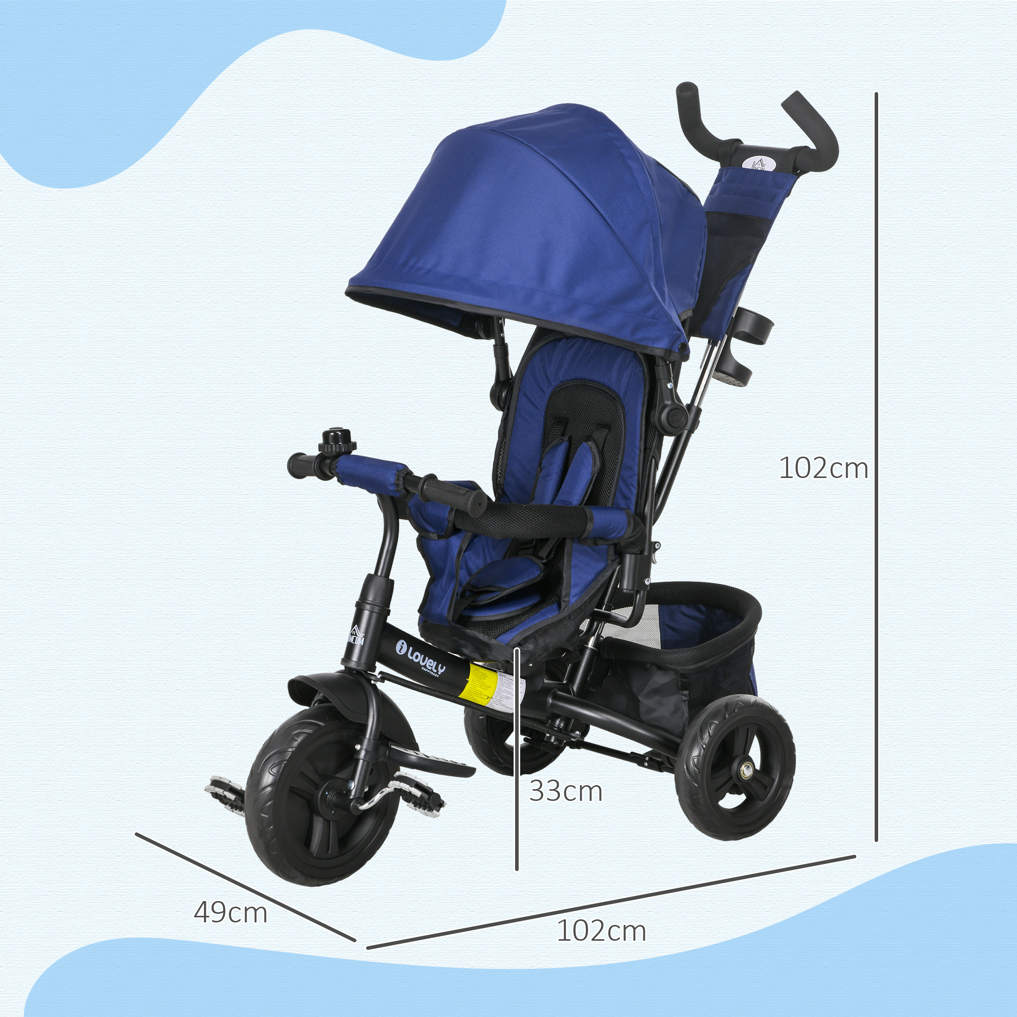 6 In 1 Kids Trike Push Bike With Push Handle, Canopy, 5-point Safety Belt, Storage, Footrest, Brake, For 1-5 Years, Dark Blue - Image 2