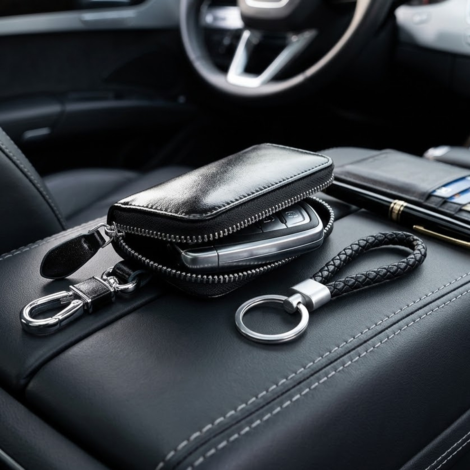 Black Leather Key Pouch With Zipper, Key Chains For Car Keys And House Keys—Accessories