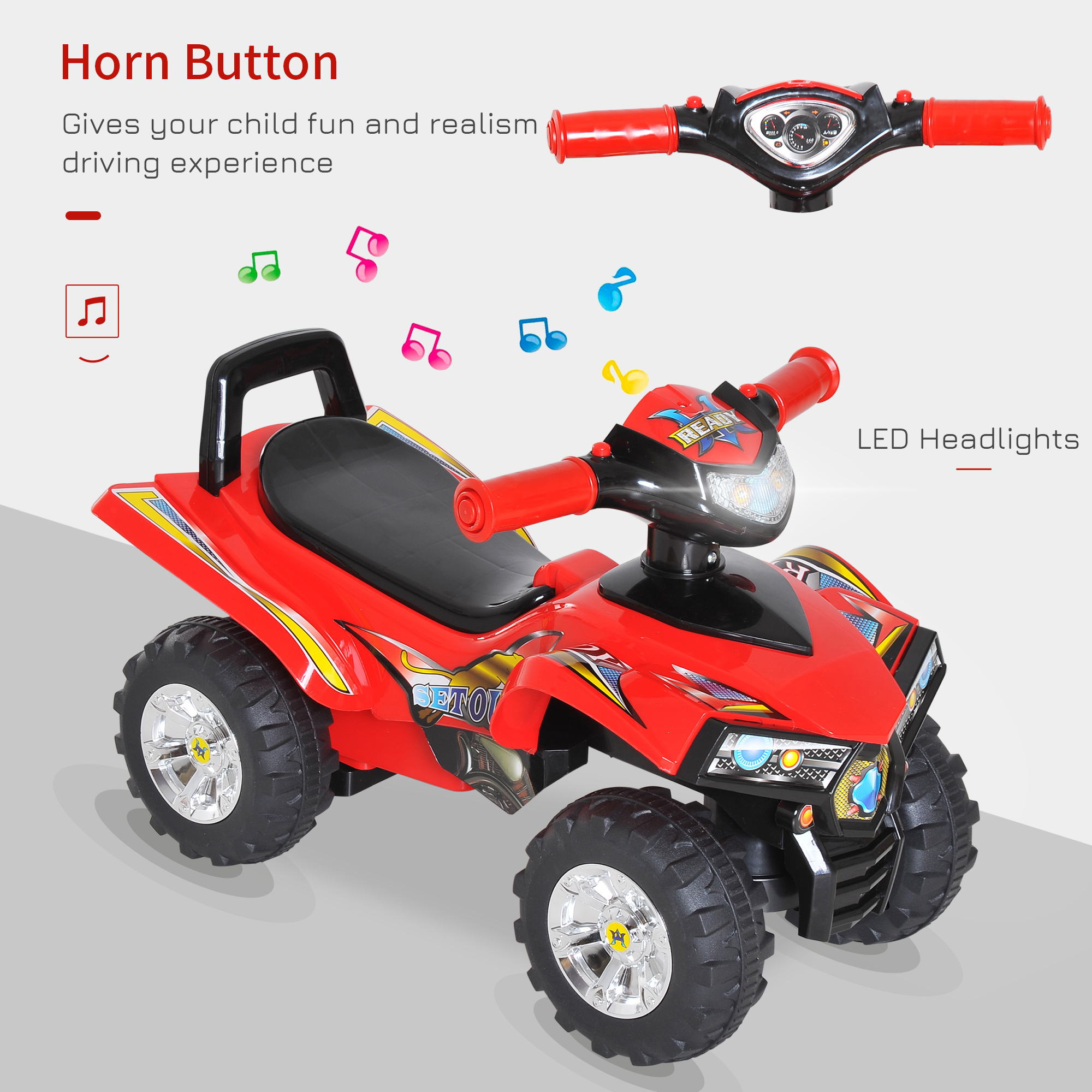 Kids Children Ride-on Toy Off Road Style Quad Bike Racing Car NO POWER 4 Wheels Horn Music Red - Image 5