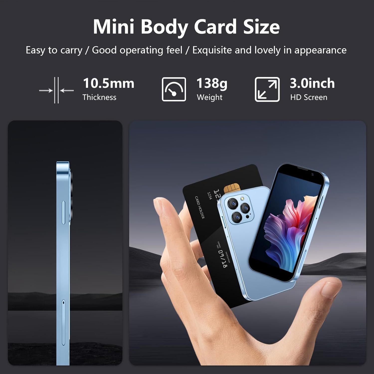 Mini Phone Unlocked World's Smallest 3.0in HD Touch Screen Mini Smartphone Android 8.1Compact Mobile Phone For Kids &Students Cell Phone Wih Quad-Core Dual SIM Face LD2GB-16GB - Image 3