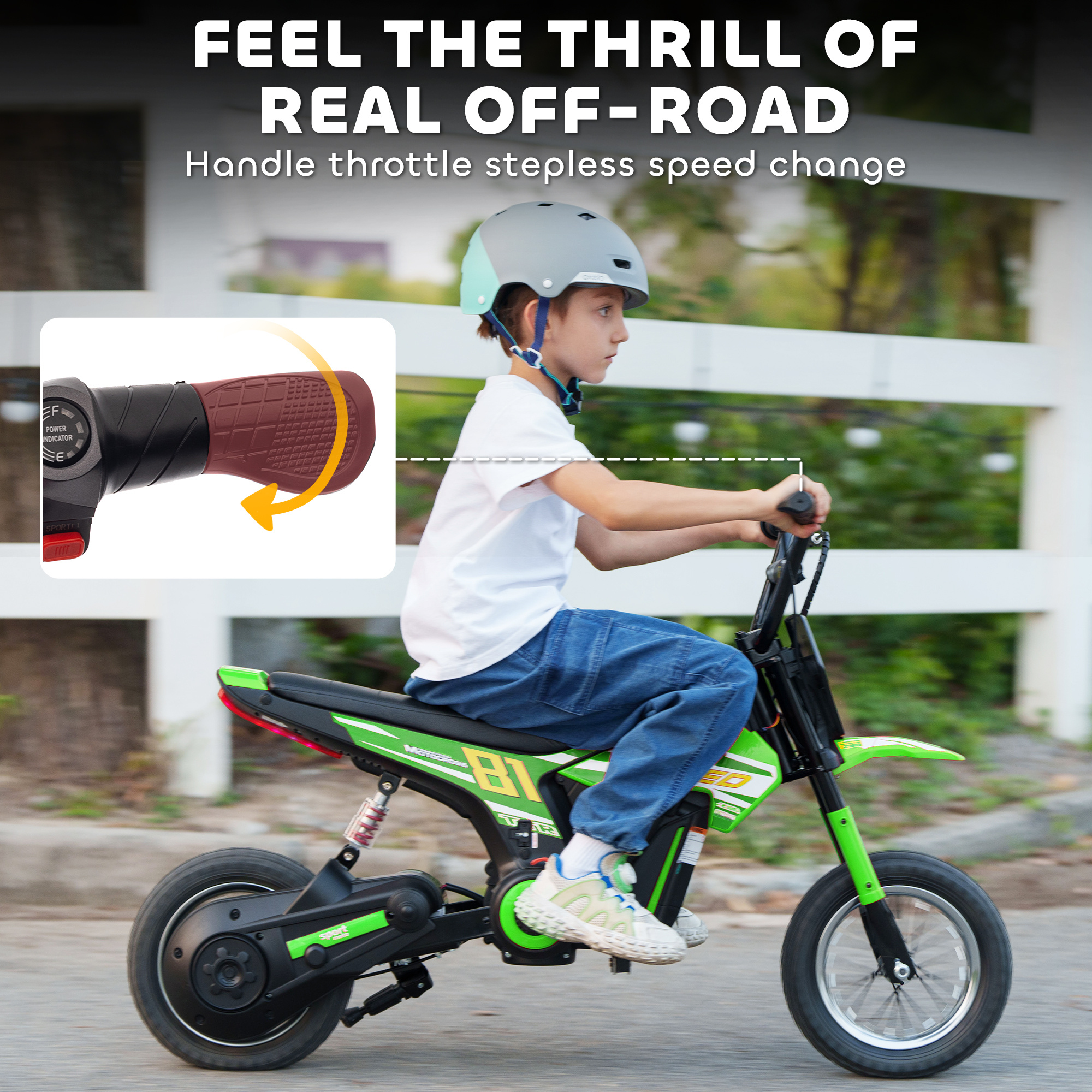 Kids Electric Motorbike, 24V Ride On Motorcycle With 3 Speeds And Rear Suspension, Dirt Bike For 8-12 Years Old, Green - Image 2