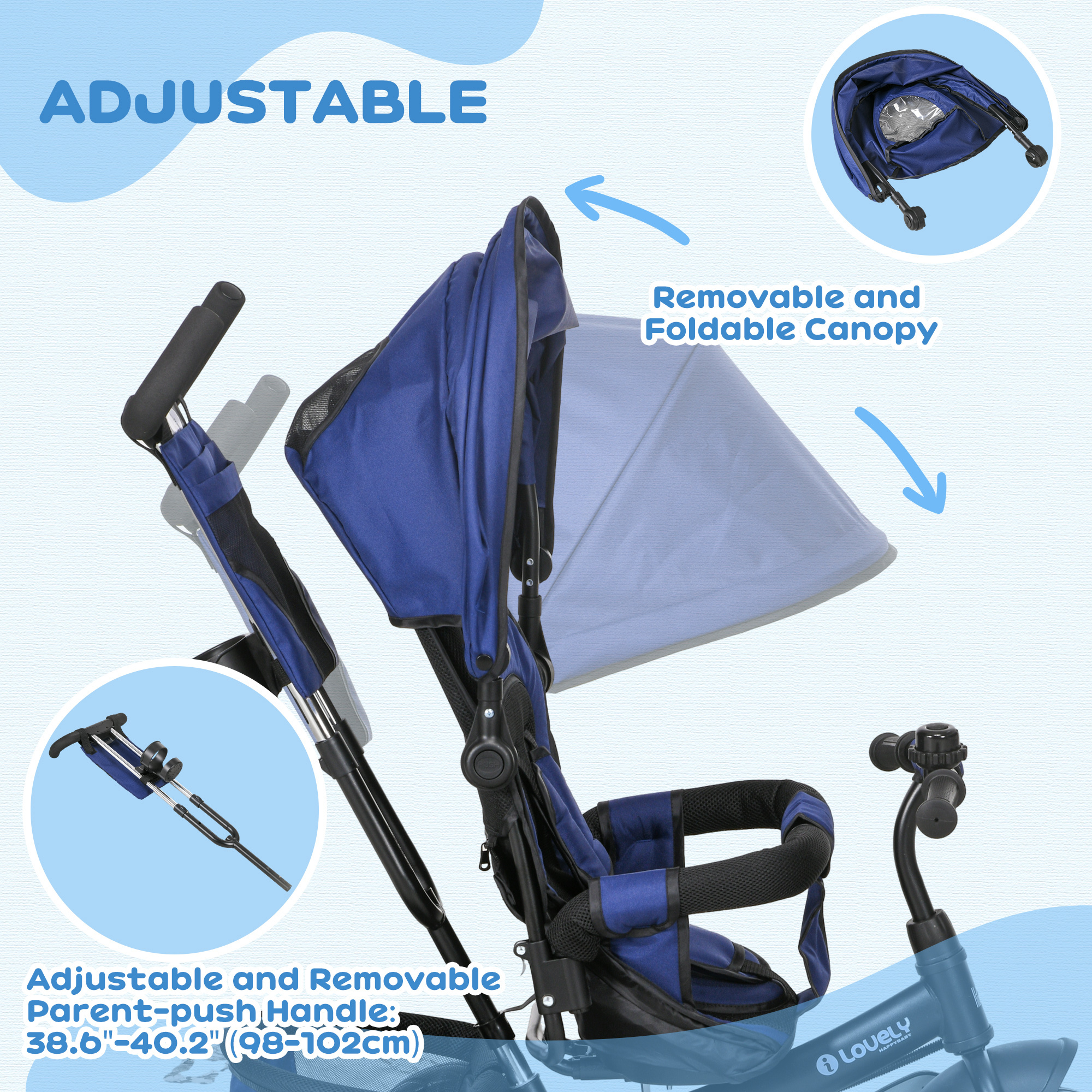 6 In 1 Kids Trike Push Bike With Push Handle, Canopy, 5-point Safety Belt, Storage, Footrest, Brake, For 1-5 Years, Dark Blue - Image 5