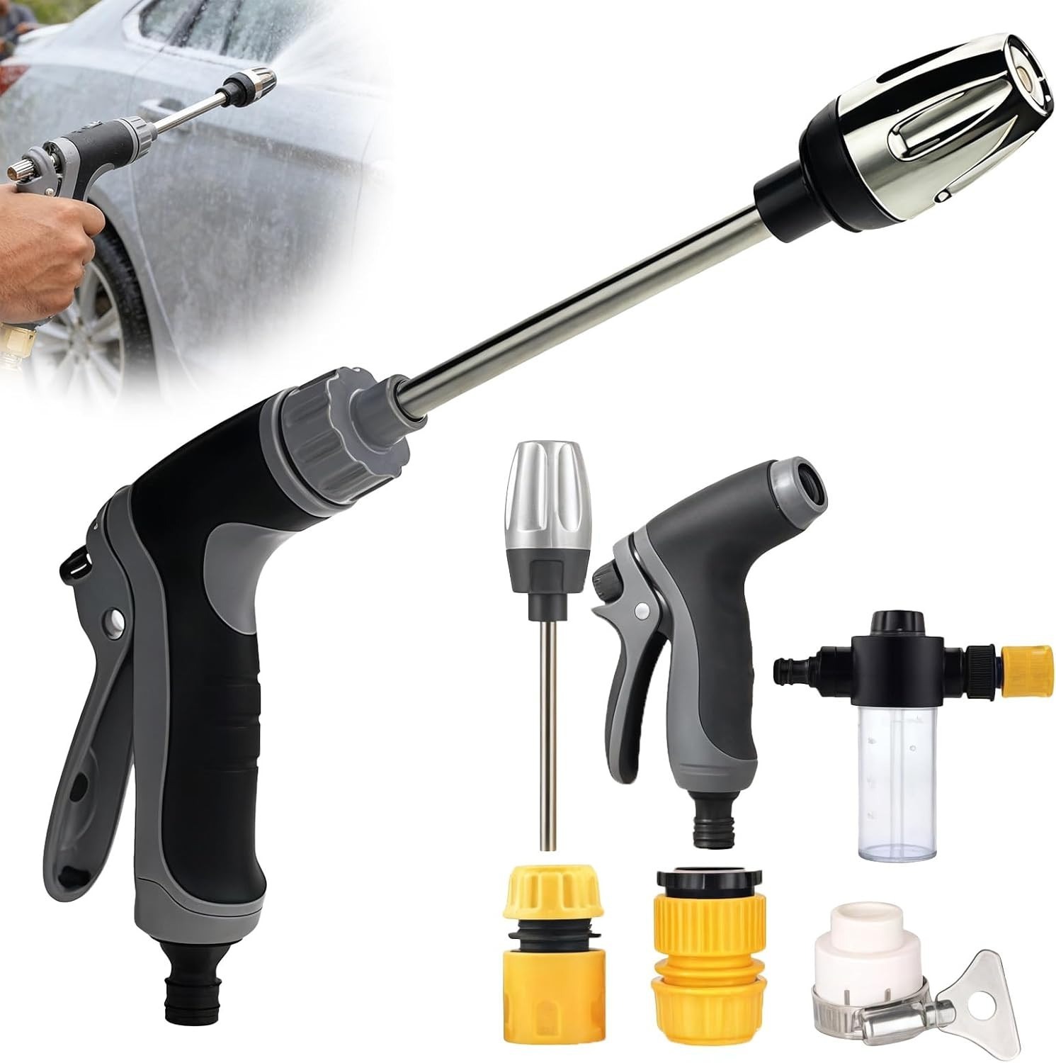 High Pressure Car Wash Spray Gun Wand With Foam Cannon Set Aluminum Alloy Auto Cleaning Nozzle 6-10m Range
