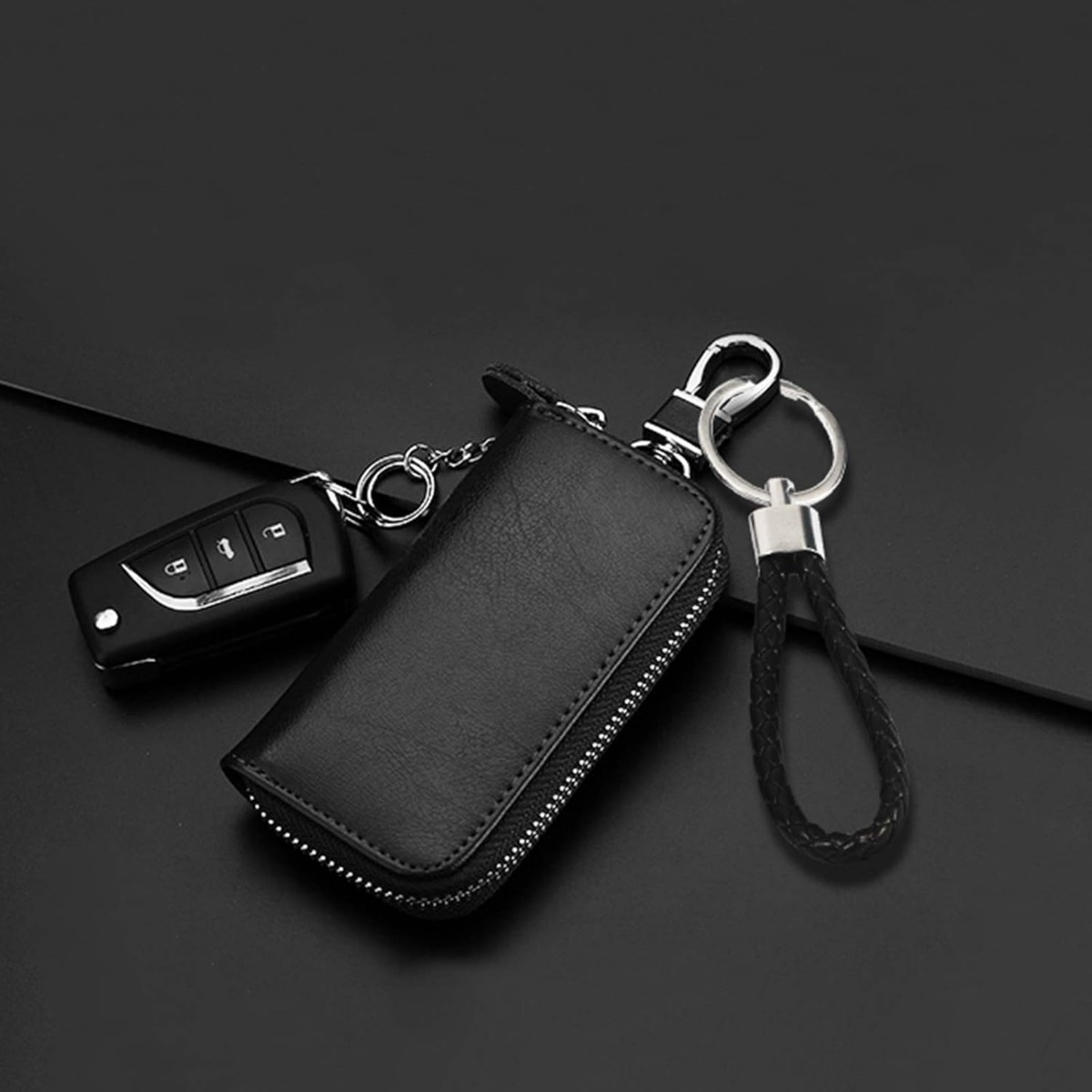 Black Car Key Pouch With Black Lanyard, 2-Piece Set For Protecting & Carrying Car Keys, Soft Leather-Look Key Pouch - Image 3