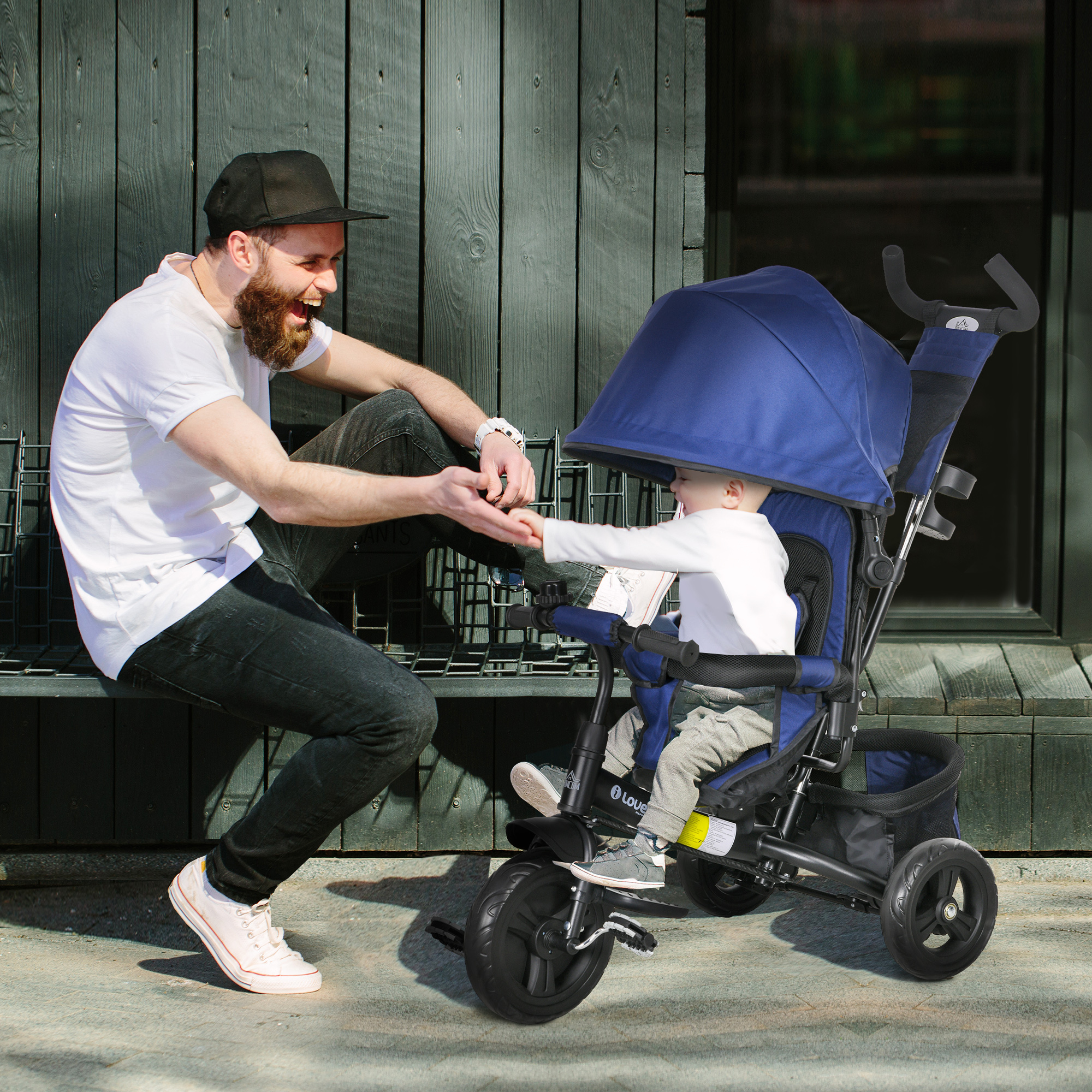 6 In 1 Kids Trike Push Bike With Push Handle, Canopy, 5-point Safety Belt, Storage, Footrest, Brake, For 1-5 Years, Dark Blue - Image 3
