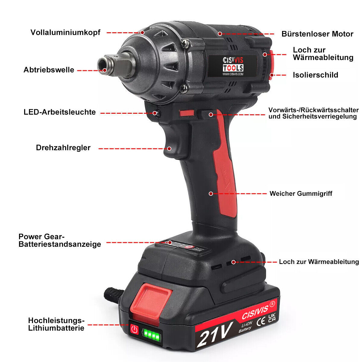 21V Snoerloze Borstelloze Slagmoersleutel 1000Nm Hoog Koppel met 2x 3000mAh Accu's en Doppen 7 21V Snoerloze Borstelloze Slagmoersleutel 1000Nm Hoog Koppel met 2x 3000mAh Accu's en Doppen - Afbeelding 7