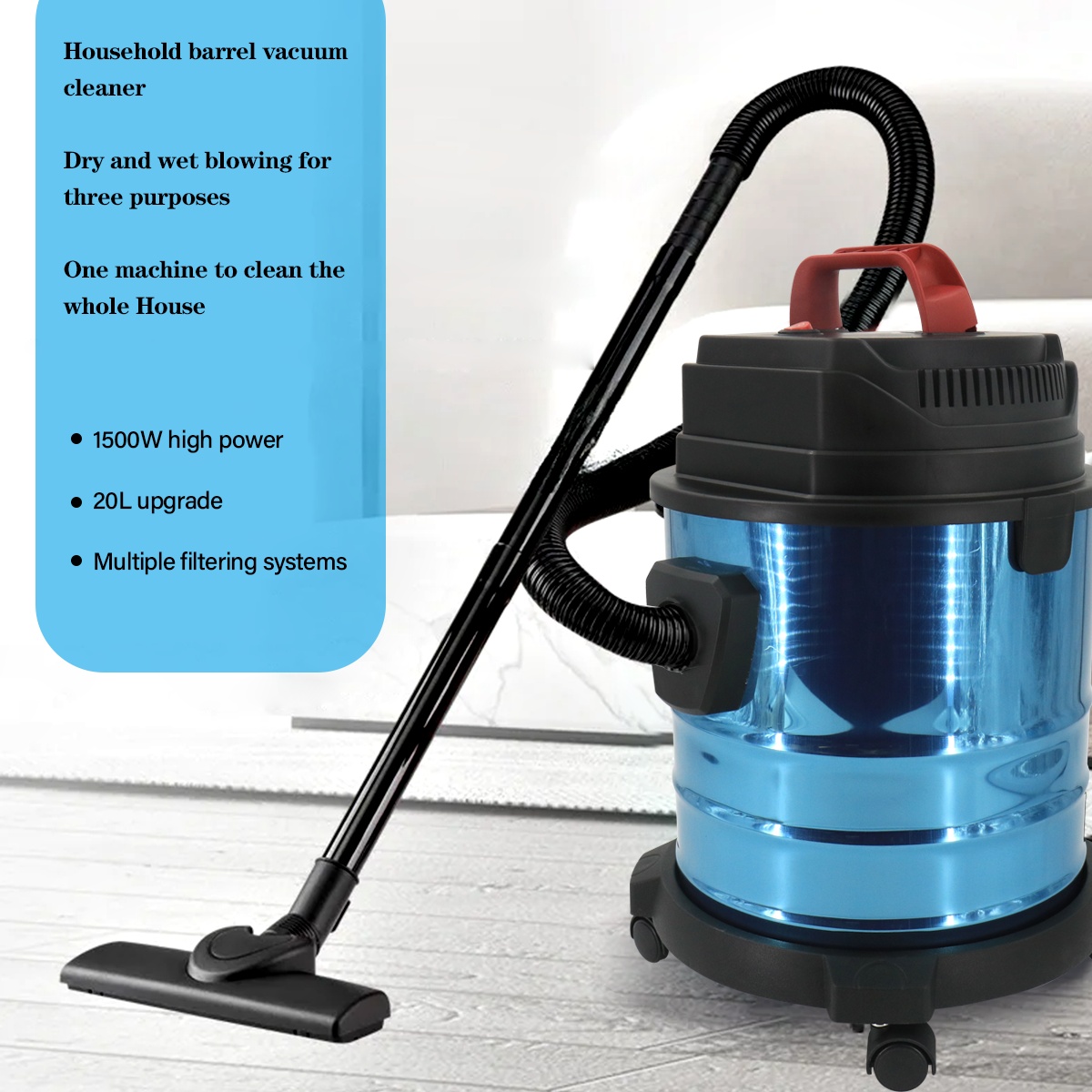 20L Nat- en Droogzuiger 1500W Zware Werkplaatsstofzuiger met Blaasfunctie en Wielen 3 20L Nat- en Droogzuiger 1500W Zware Werkplaatsstofzuiger met Blaasfunctie en Wielen - Afbeelding 3