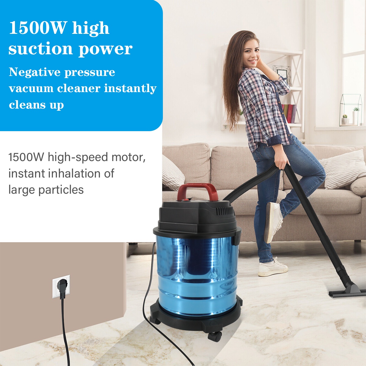 20L Nat- en Droogzuiger 1500W Zware Werkplaatsstofzuiger met Blaasfunctie en Wielen 8 20L Nat- en Droogzuiger 1500W Zware Werkplaatsstofzuiger met Blaasfunctie en Wielen - Afbeelding 8