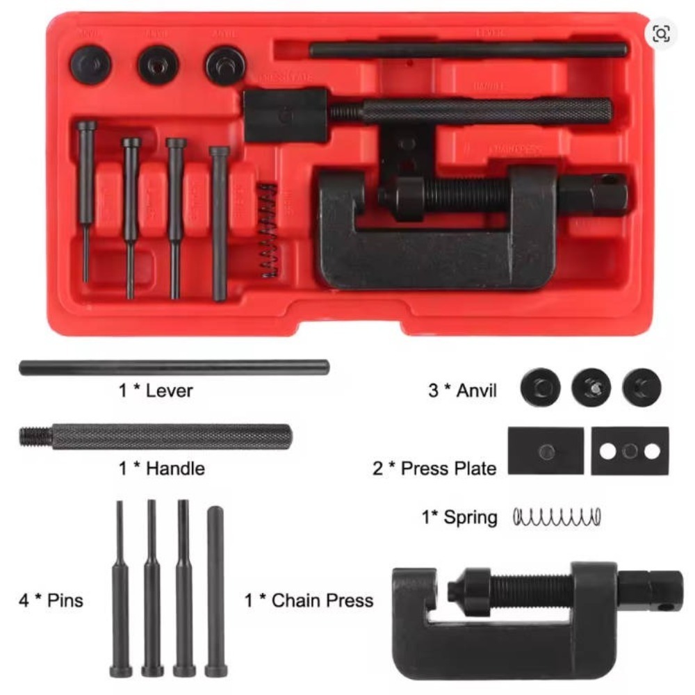 Support pan European shipping--13-Piece Motorcycle Bike ATV Chain Breaker & Riveting Tool Kit CR-V Steel Storage Case Fits #35 - #630 Chains 2 Support pan European shipping--13-Piece Motorcycle Bike ATV Chain Breaker & Riveting Tool Kit CR-V Steel Storage Case Fits #35 - #630 Chains - Afbeelding 2