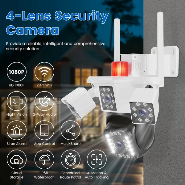 1080P HD 4-Lens Security Camera 360° View WiFi Pan & Tilt Surveillance Camera With Full Color Night Vision Auto Motion Tracking 2-Way Audio Spotlights IP66 Waterproof Max 128G Not Included 5 1080P HD 4-Lens Security Camera 360° View WiFi Pan & Tilt Surveillance Camera With Full Color Night Vision Auto Motion Tracking 2-Way Audio Spotlights IP66 Waterproof Max 128G Not Included - Afbeelding 3