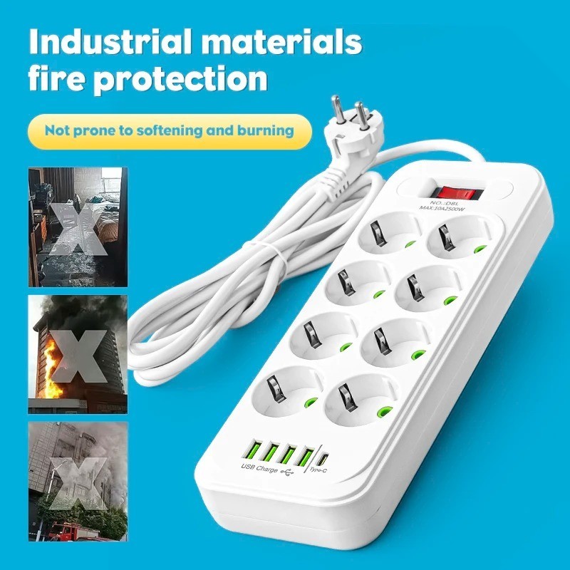 Stekkerdoos 8-Voudig met Type-C en 4 USB-Aansluitingen, EU 1 Stekkerdoos 8-Voudig met Type-C en 4 USB-Aansluitingen, EU