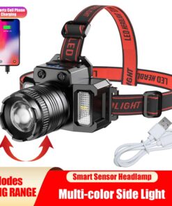 LED Tactische Hoofdlamp USB Oplaadbaar met Bewegingssensor, Zoom, 5 Modi, Noodpowerbank voor Camping