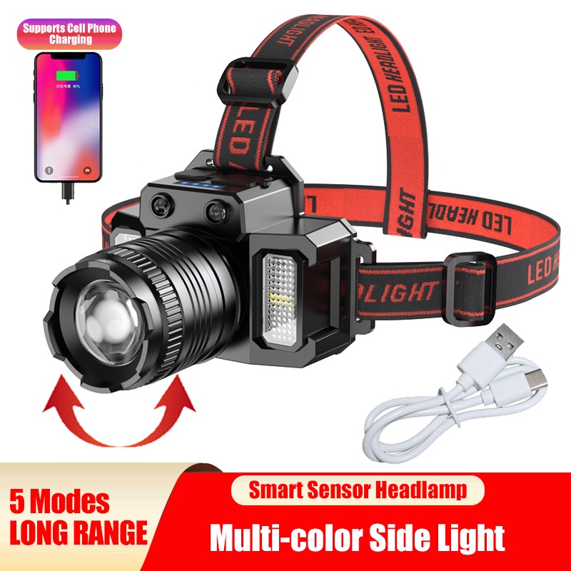 LED Tactische Hoofdlamp USB Oplaadbaar met Bewegingssensor, Zoom, 5 Modi, Noodpowerbank voor Camping 1 LED Tactische Hoofdlamp USB Oplaadbaar met Bewegingssensor, Zoom, 5 Modi, Noodpowerbank voor Camping