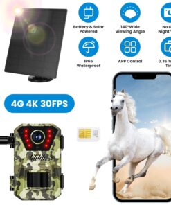 1Pc 4G 4K 30FPS Solar Trail Camera Outdoor Wildlife Camera Motion Activated IP66 Waterproof With 140 Degree Viewing Angle No Glow Night Vision SIM Card APP Control No WiFi Needed