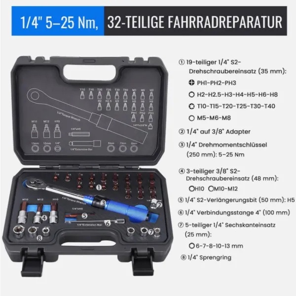 1/4 Inch Industrial-grade Torque Wrenchdjustable Torque Accuracy Kilograms Auto Mechanic Tooltorque Torque Wrench 5-25Nm Bicycle Repair Tool Kit (32-Piece) 4 1/4 Inch Industrial-grade Torque Wrenchdjustable Torque Accuracy Kilograms Auto Mechanic Tooltorque Torque Wrench 5-25Nm Bicycle Repair Tool Kit (32-Piece) - Afbeelding 2