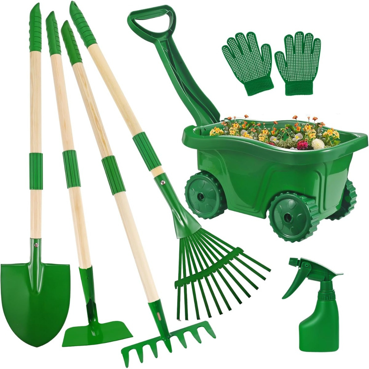 7-Delige Groene Tuingereedschapset met Kruiwagen, Praktische Tuinhark en Schop Inclusief Transportkruiwagen 2 7-Delige Groene Tuingereedschapset met Kruiwagen, Praktische Tuinhark en Schop Inclusief Transportkruiwagen - Afbeelding 2