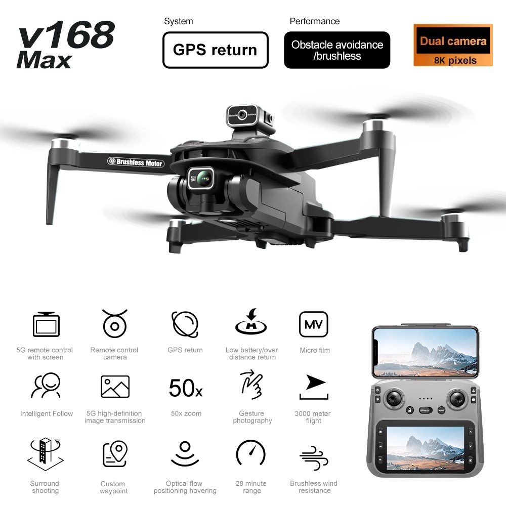 V168Pro Max Drone 8K HD 4.5-inch Screen, With GPS Positioning Function. 60 V168Pro Max Drone 8K HD 4.5-inch Screen, With GPS Positioning Function. - Afbeelding 6