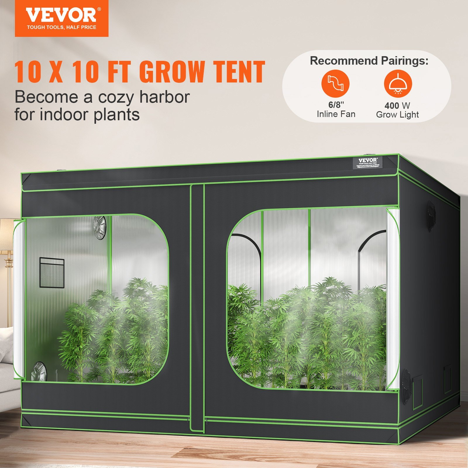 Growbox 305 x 305 x 203 cm Kweektent van 19mm Stalen Frame en 600D Oxford-stof, 60kg Draagvermogen, Geschikt voor 400W Kweeklamp Indoor Kweektent 3 Growbox 305 x 305 x 203 cm Kweektent van 19mm Stalen Frame en 600D Oxford-stof, 60kg Draagvermogen, Geschikt voor 400W Kweeklamp Indoor Kweektent - Afbeelding 3