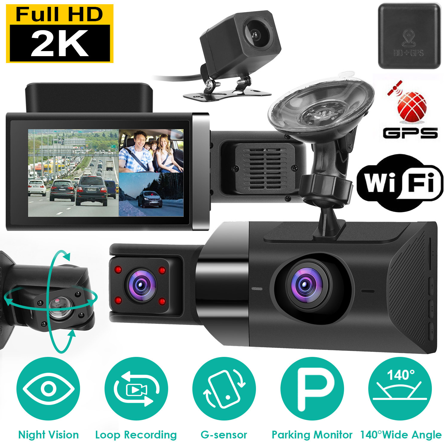 2K Car DVR 3 Channel Dash Cam Camcorder Camera Recorder With 140 Degree Angle GPS WiFi Night Vision G-sensor Loop Recording Parking Monitor 1 2K Car DVR 3 Channel Dash Cam Camcorder Camera Recorder With 140 Degree Angle GPS WiFi Night Vision G-sensor Loop Recording Parking Monitor