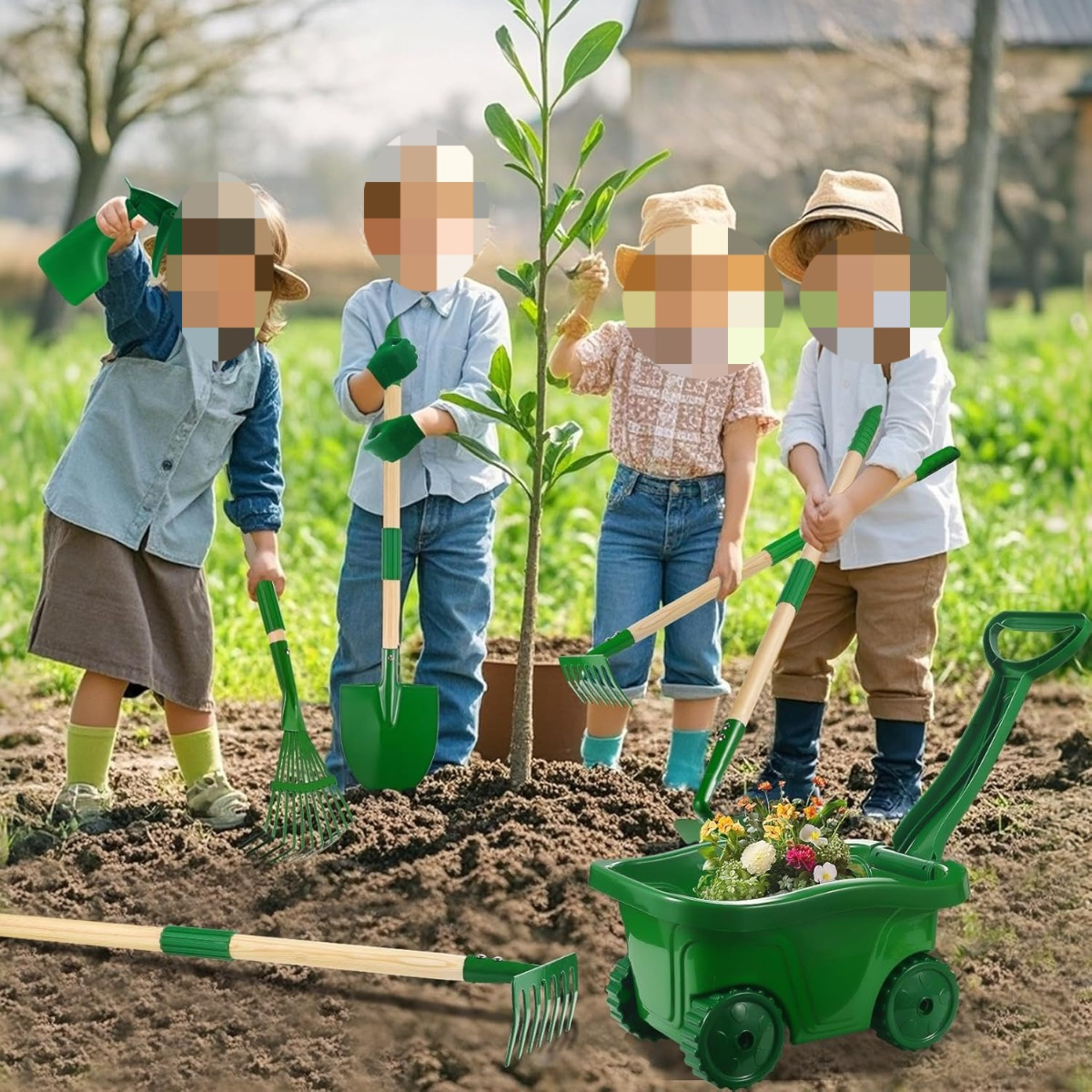 7-Delige Groene Tuingereedschapset met Kruiwagen, Praktische Tuinhark en Schop Inclusief Transportkruiwagen 4 7-Delige Groene Tuingereedschapset met Kruiwagen, Praktische Tuinhark en Schop Inclusief Transportkruiwagen - Afbeelding 4