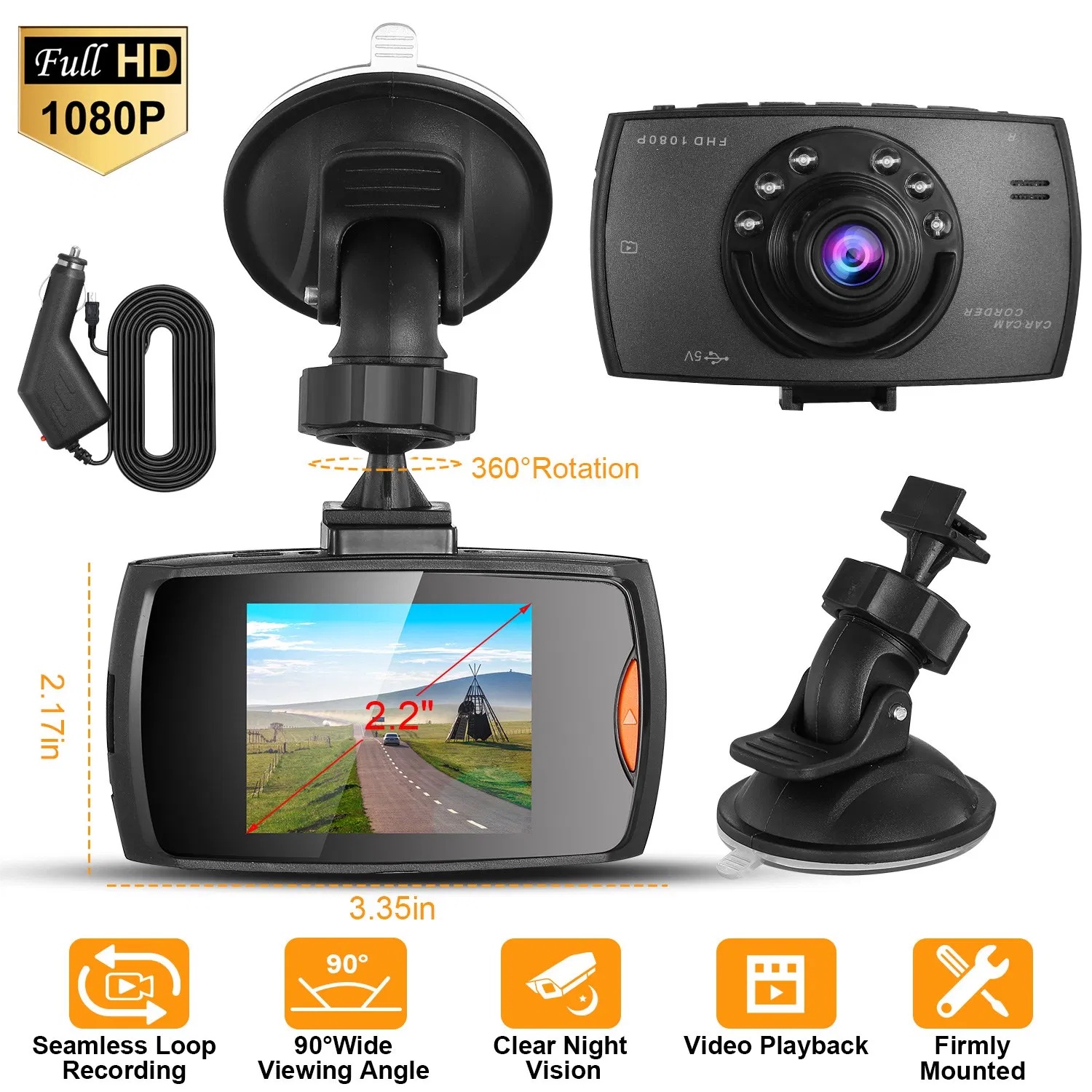 1080P HD Auto Dashcam, 90° Groothoek Dashcam met Nachtzicht, 6 IR-Lampjes, Lusopname en Videovergrendeling, Zuignaphouder met Lange Kabel 1 1080P HD Auto Dashcam, 90° Groothoek Dashcam met Nachtzicht, 6 IR-Lampjes, Lusopname en Videovergrendeling, Zuignaphouder met Lange Kabel