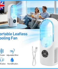 Draagbare Bladloze Luchtkoeler Ventilator, 6-Snelheden Stille Bureauventilator met Luchtbevochtiger, Timer en Gekleurde Lampjes, USB Mini Airco