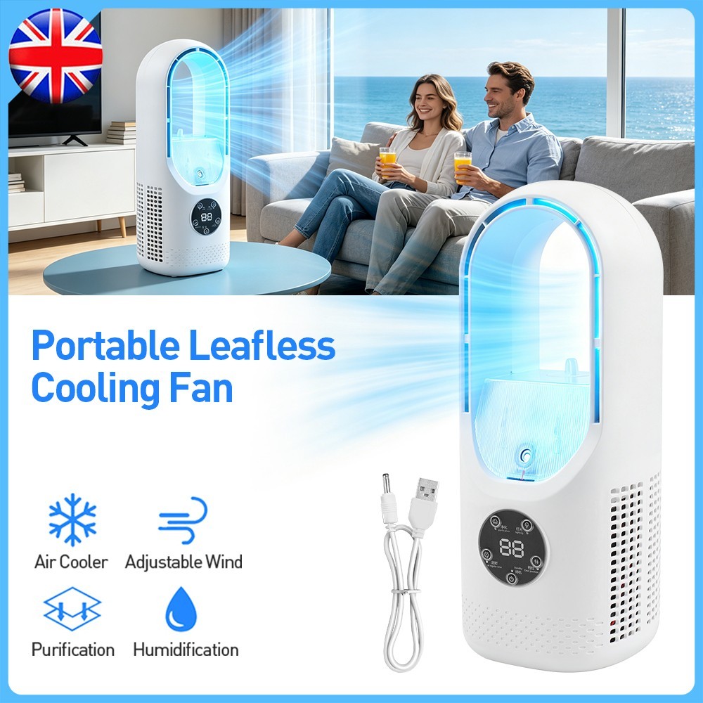 Draagbare Bladloze Luchtkoeler Ventilator, 6-Snelheden Stille Bureauventilator met Luchtbevochtiger, Timer en Gekleurde Lampjes, USB Mini Airco 1 Draagbare Bladloze Luchtkoeler Ventilator, 6-Snelheden Stille Bureauventilator met Luchtbevochtiger, Timer en Gekleurde Lampjes, USB Mini Airco