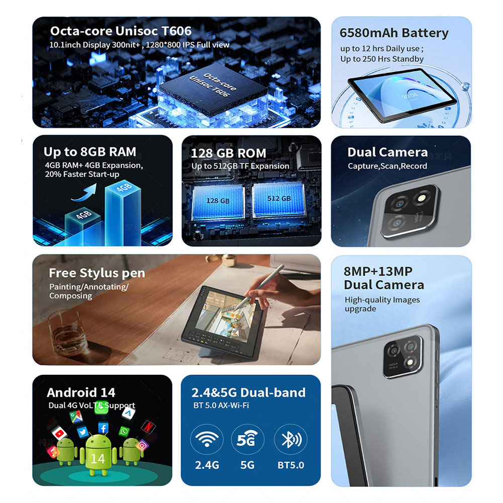 G-tab T11 Android 14 Tablet 10.1 Inch 1280x800 IPS Scherm, Unisoc T606 8-Core, 8GB RAM, 128GB ROM, WiFi, Bluetooth 5.0, 6580mAh Accu, Dual 4G 6 G-tab T11 Android 14 Tablet 10.1 Inch 1280x800 IPS Scherm, Unisoc T606 8-Core, 8GB RAM, 128GB ROM, WiFi, Bluetooth 5.0, 6580mAh Accu, Dual 4G - Afbeelding 6