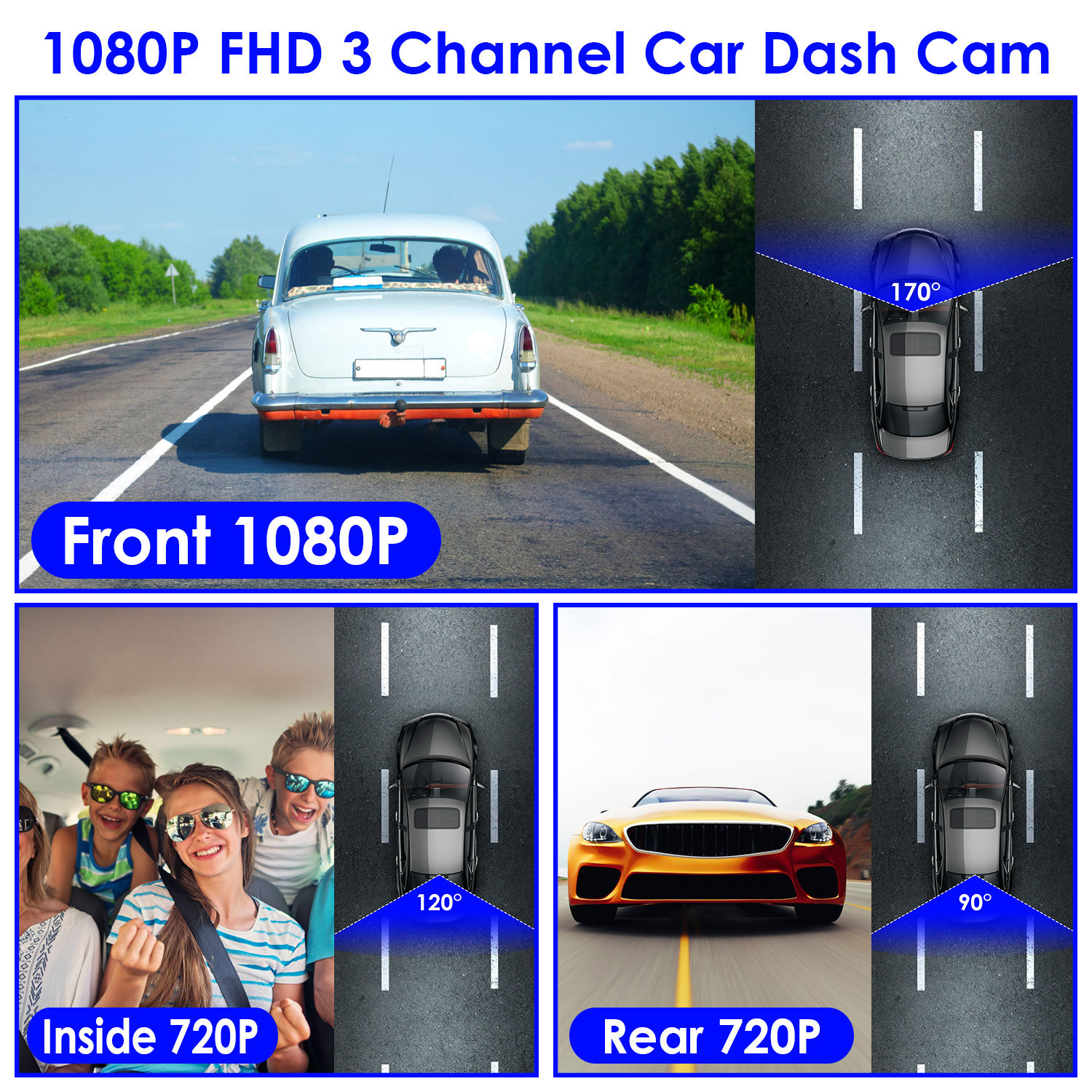 1Pc WiFi FHD 1080P Car Dash Cam 3 Channels Front Rear Inside Dash Camera With Loop Recording Reversing Visual 170 Degree Wide Angle 64G Card Included 9 1Pc WiFi FHD 1080P Car Dash Cam 3 Channels Front Rear Inside Dash Camera With Loop Recording Reversing Visual 170 Degree Wide Angle 64G Card Included - Afbeelding 9