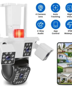 1080P HD 4-Lens Security Camera 360° View WiFi Pan & Tilt Surveillance Camera With Full Color Night Vision Auto Motion Tracking 2-Way Audio Spotlights IP66 Waterproof Max 128G Not Included