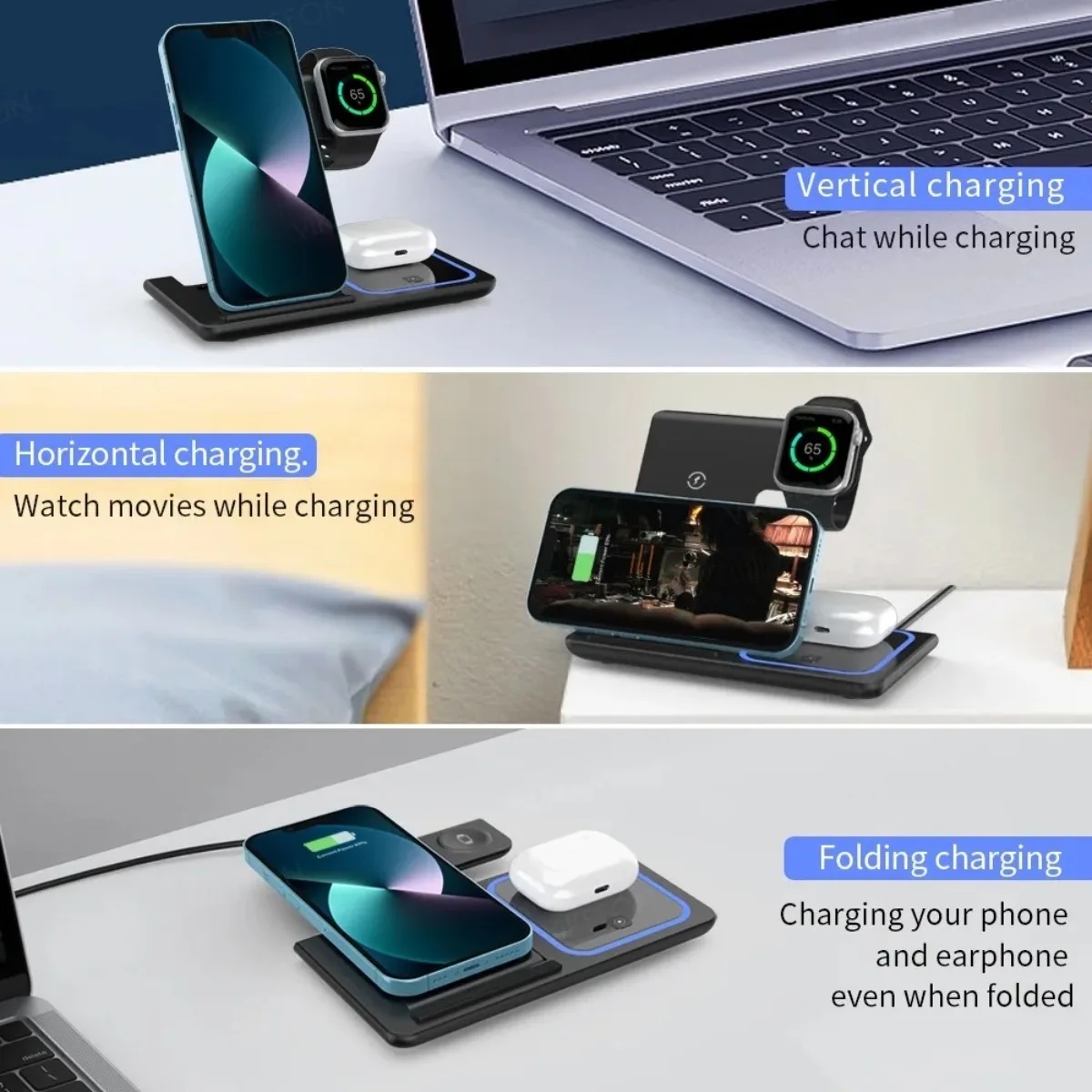 3-in-1 Draadloze Reis Oplaadstandaard voor iPhone, Apple Watch, AirPods, Opvouwbaar Snellaadstation 3 3-in-1 Draadloze Reis Oplaadstandaard voor iPhone, Apple Watch, AirPods, Opvouwbaar Snellaadstation - Afbeelding 3