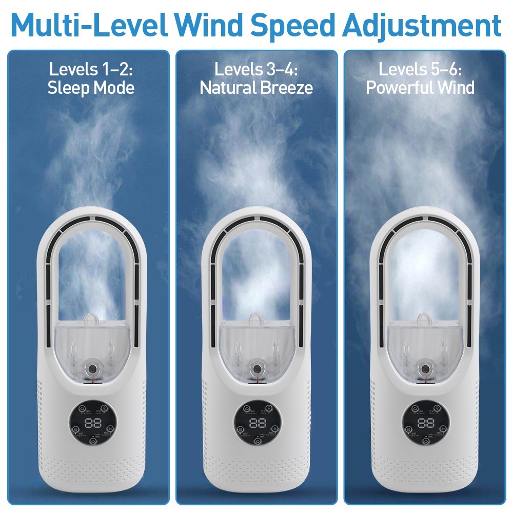 Draagbare Bladloze Luchtkoeler Ventilator, 6-Snelheden Stille Bureauventilator met Luchtbevochtiger, Timer en Gekleurde Lampjes, USB Mini Airco 9 Draagbare Bladloze Luchtkoeler Ventilator, 6-Snelheden Stille Bureauventilator met Luchtbevochtiger, Timer en Gekleurde Lampjes, USB Mini Airco - Afbeelding 9