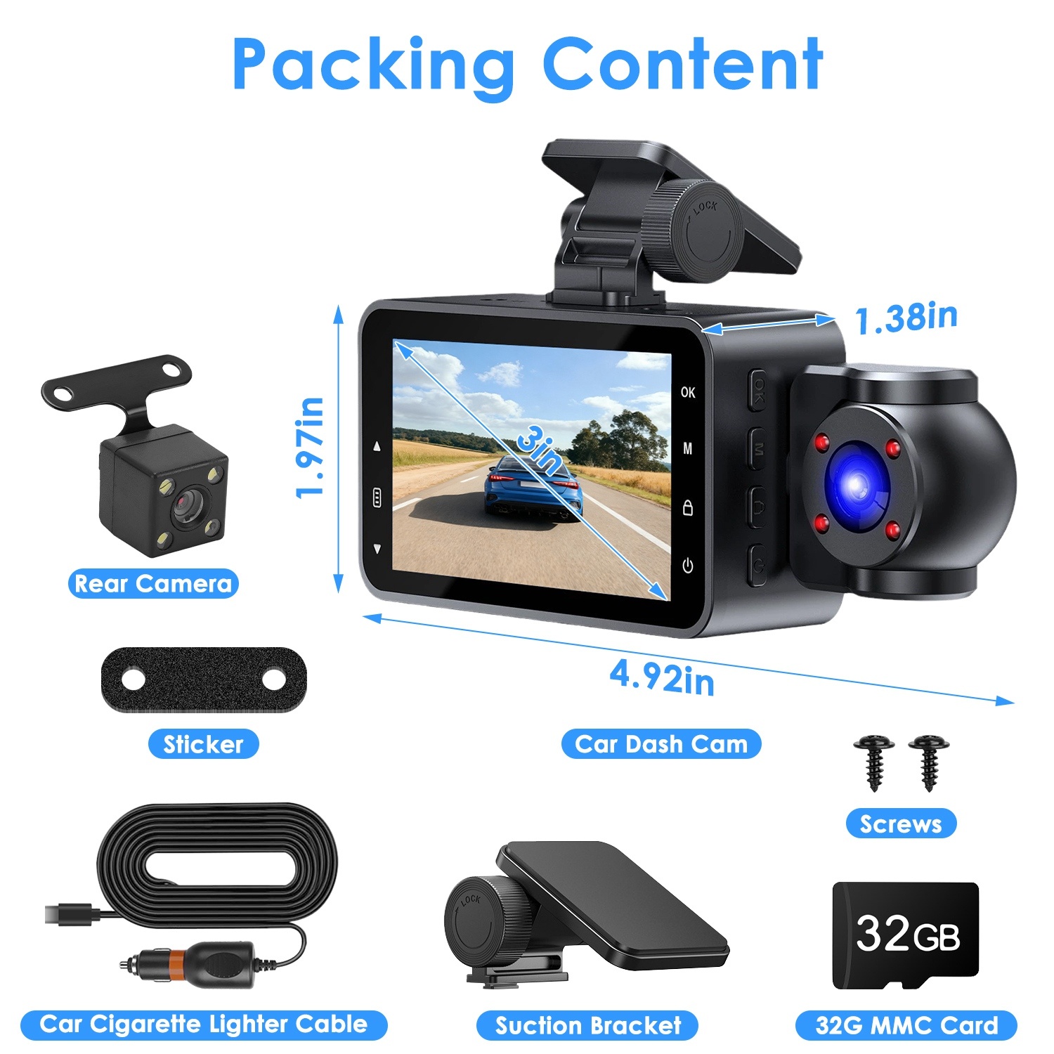 WiFi FHD 1080P 3 Channel Car Dash Cam Front Rear Inside With 32G MMC Card Motion Detection Loop Recording Infrared Night Vision Surveillance Car Camera With App Control 2 WiFi FHD 1080P 3 Channel Car Dash Cam Front Rear Inside With 32G MMC Card Motion Detection Loop Recording Infrared Night Vision Surveillance Car Camera With App Control - Afbeelding 2